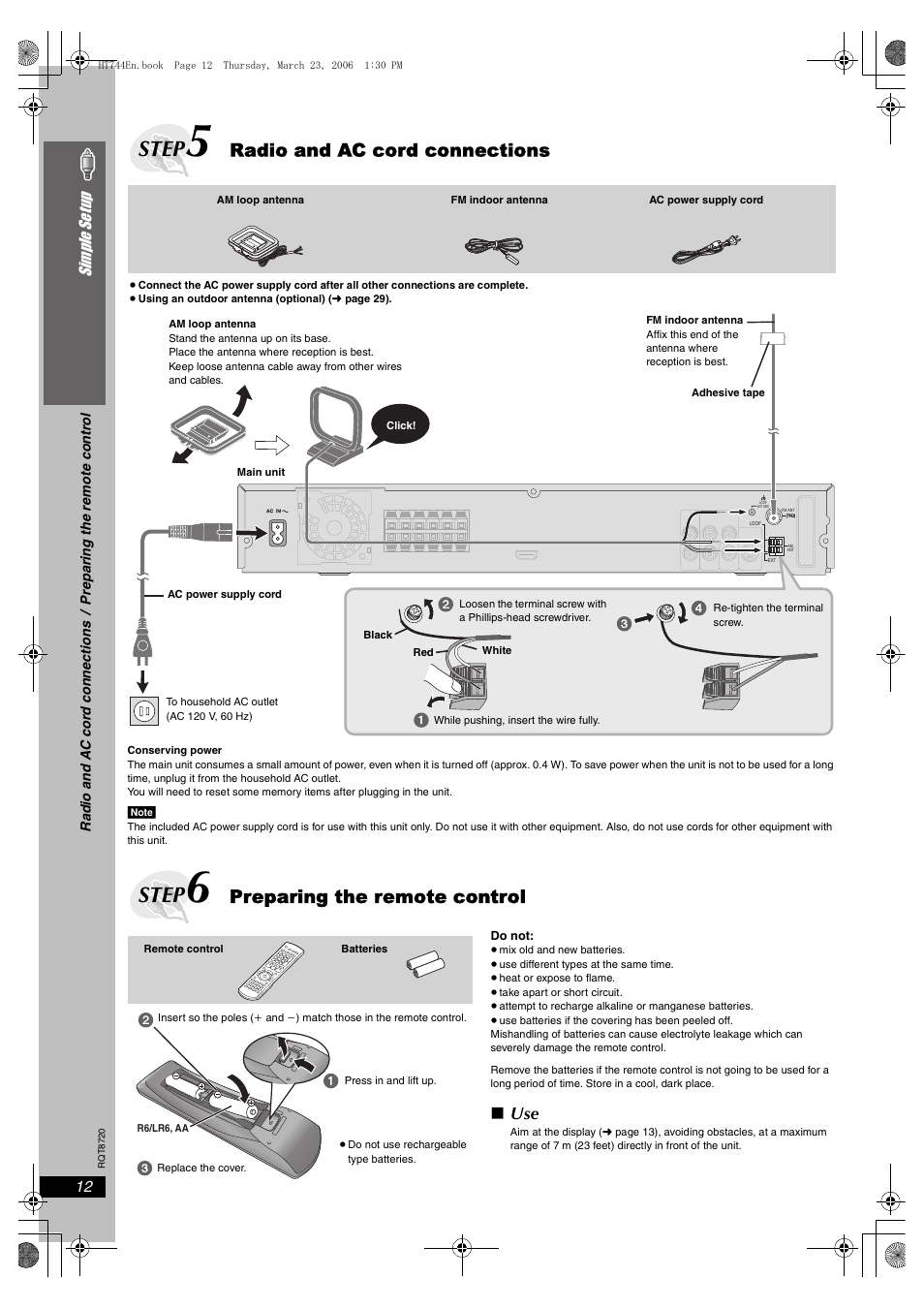 Step 5 radio and ac cord connections, Step 6 preparing the remote control, Step | Radio and ac cord connections, Preparing the remote control, 12 simple se tu p | Panasonic SC-HT744 User Manual | Page 12 / 38