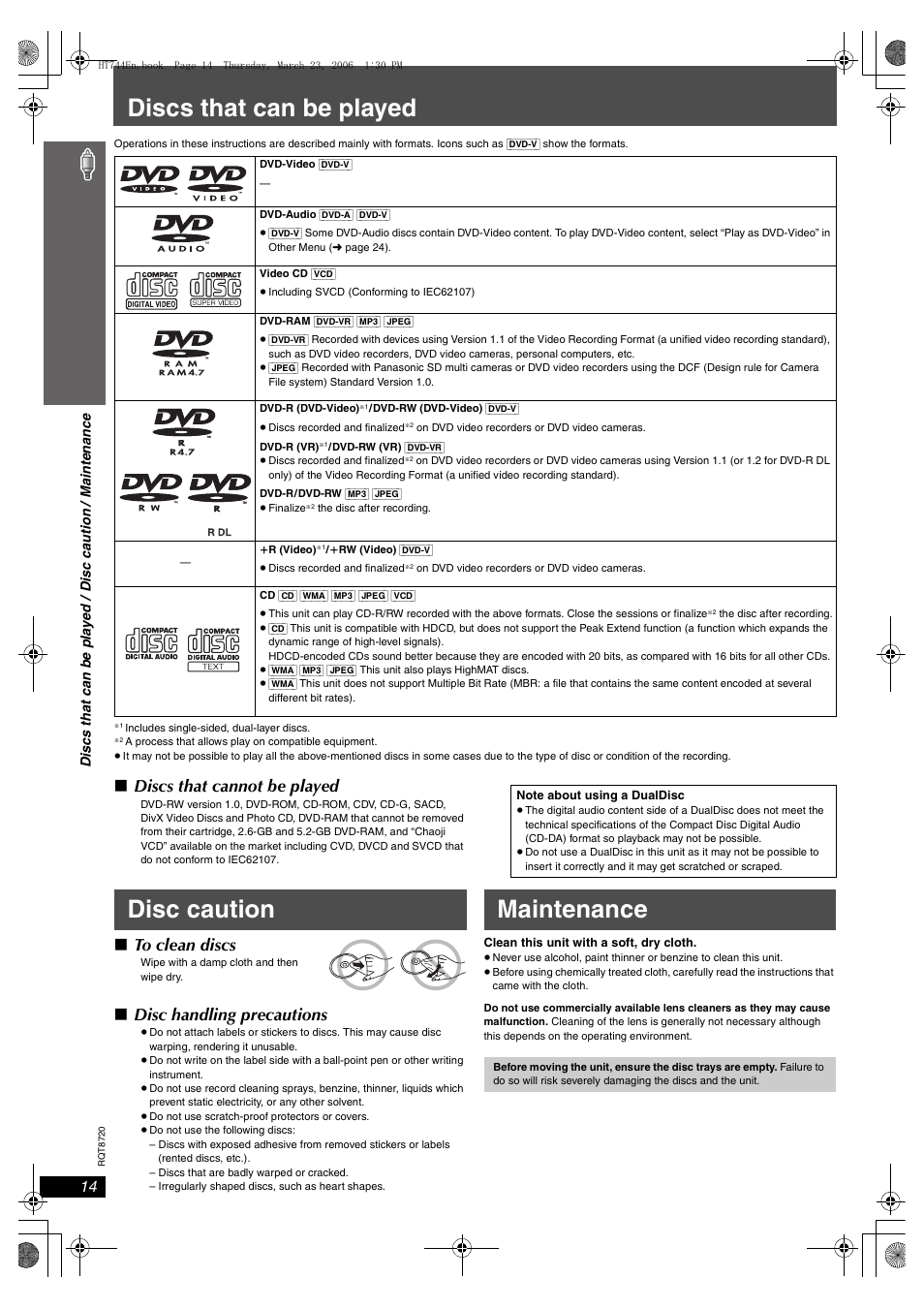 Discs that can be played, Disc caution, Maintenance | Disc caution maintenance, Discs that cannot be played, Disc handling precautions | Panasonic SC-HT744 User Manual | Page 14 / 38