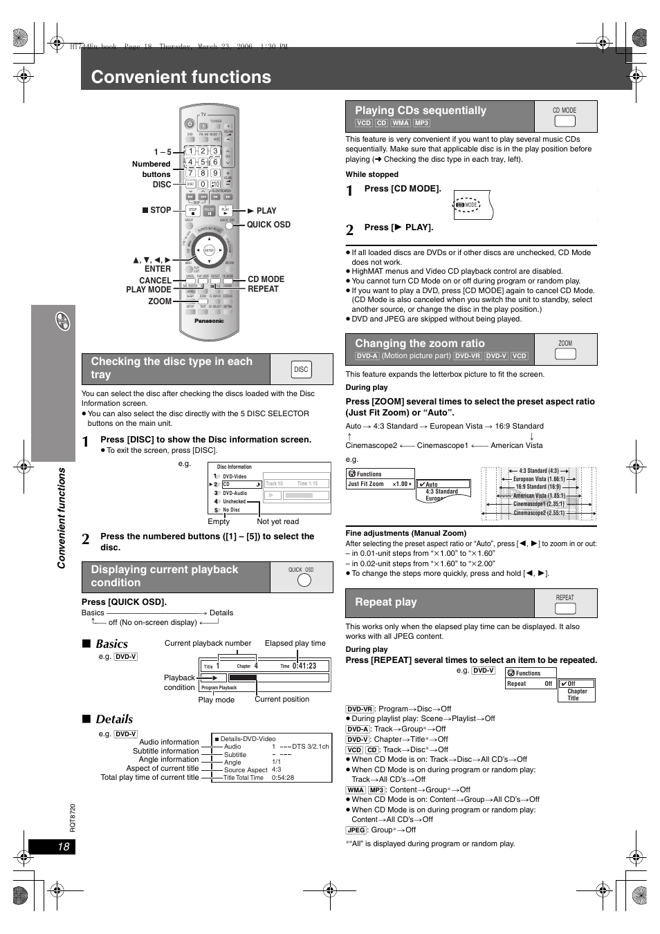 Convenient functions, Basics, Details | Checking the disc type in each tray, Displaying current playback condition, Playing cds sequentially, Changing the zoom ratio, Repeat play, Con v eni e nt fu nctio n s | Panasonic SC-HT744 User Manual | Page 18 / 38