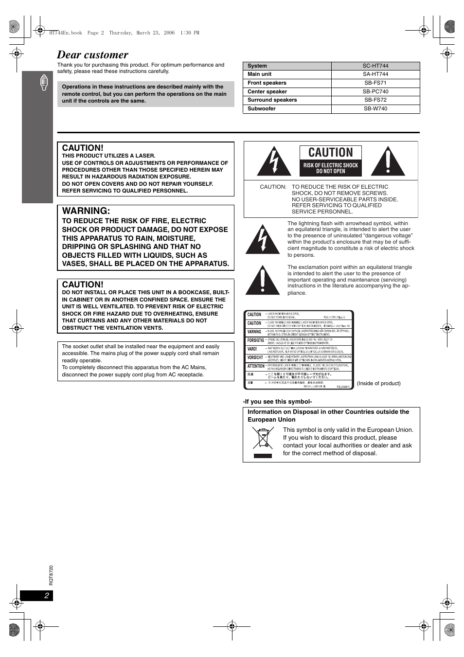 Dear customer, Warning, Caution | Panasonic SC-HT744 User Manual | Page 2 / 38