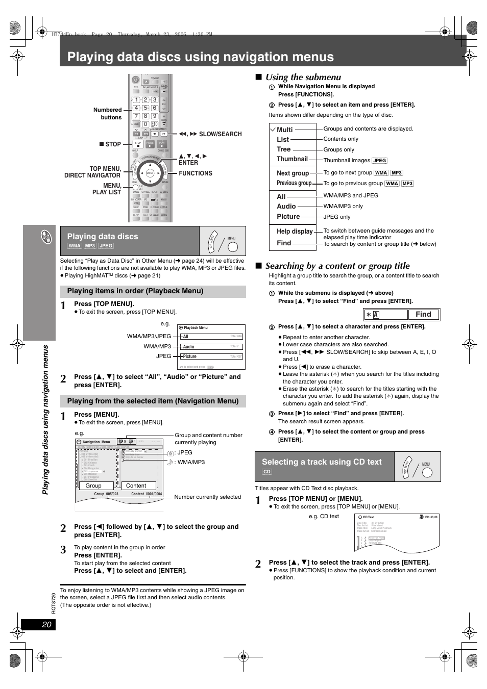 Playing data discs using navigation menus, Using the submenu, Searching by a content or group title | Playing data discs, Selecting a track using cd text, Playing items in order (playback menu), Playing from the selected item (navigation menu), Find | Panasonic SC-HT744 User Manual | Page 20 / 38