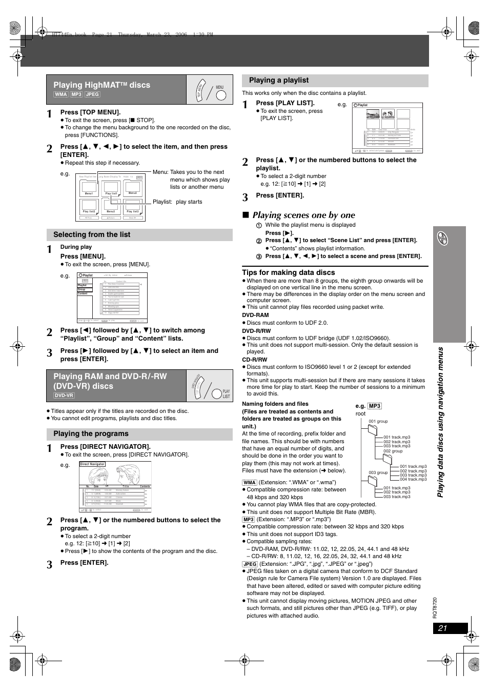 Playing scenes one by one, Playing highmat, Discs | Playing ram and dvd-r/-rw (dvd-vr) discs, Tips for making data discs, Selecting from the list, Playing the programs, Playing a playlist, Press [top menu, Press [menu | Panasonic SC-HT744 User Manual | Page 21 / 38