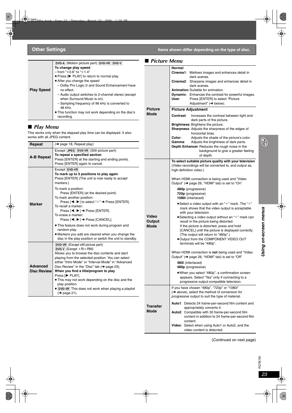 Play menu, Picture menu, Other settings | Panasonic SC-HT744 User Manual | Page 23 / 38