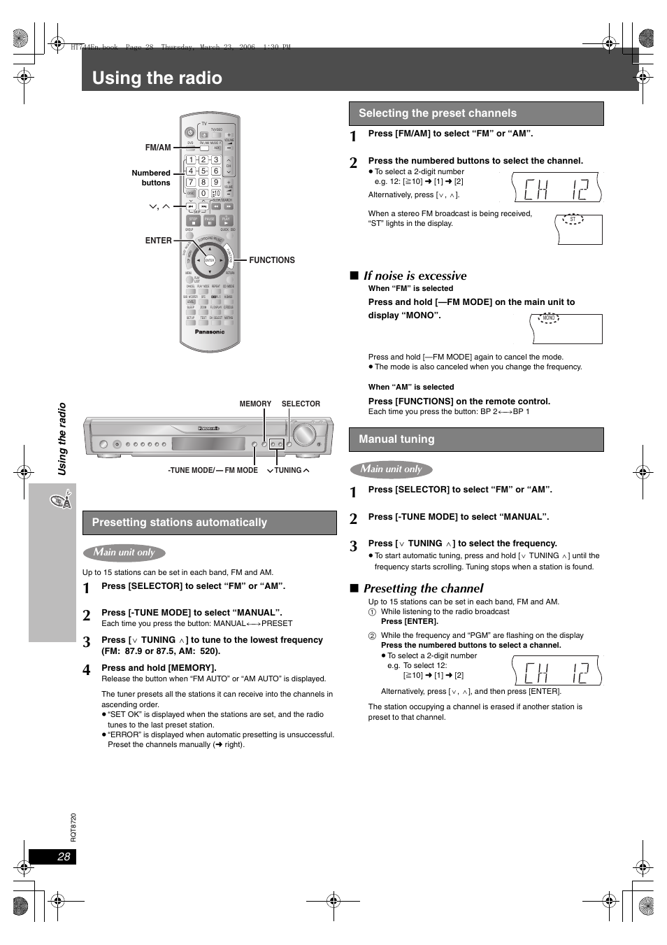 Other operations, Using the radio, If noise is excessive | Presetting the channel, Presetting stations automatically, Selecting the preset channels, Manual tuning, Usin g the radi o, Ain unit only | Panasonic SC-HT744 User Manual | Page 28 / 38