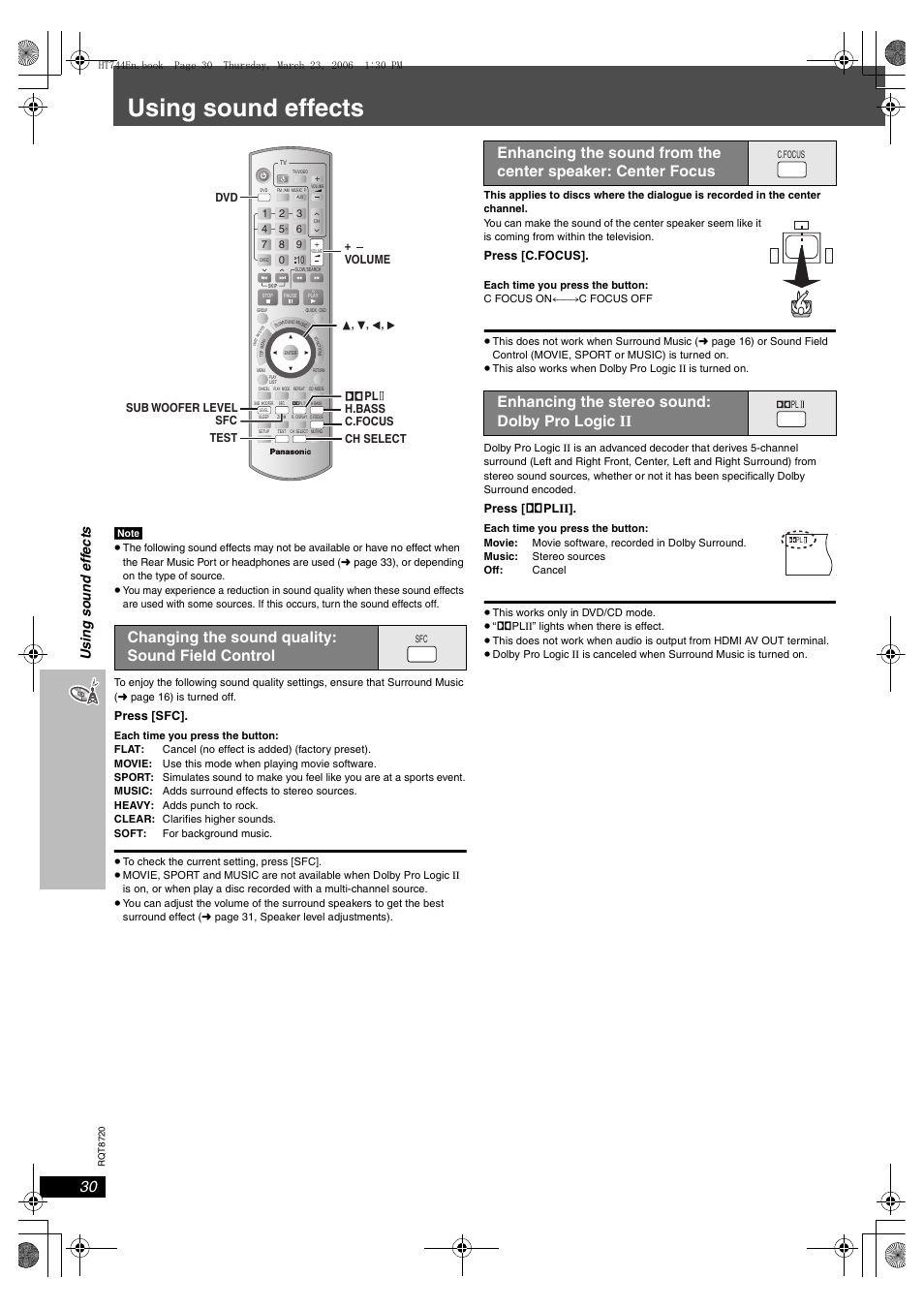 Using sound effects, Changing the sound quality: sound field control, Usin g so und eff ect s | Press [sfc, Press [c.focus, Press [ î plii | Panasonic SC-HT744 User Manual | Page 30 / 38