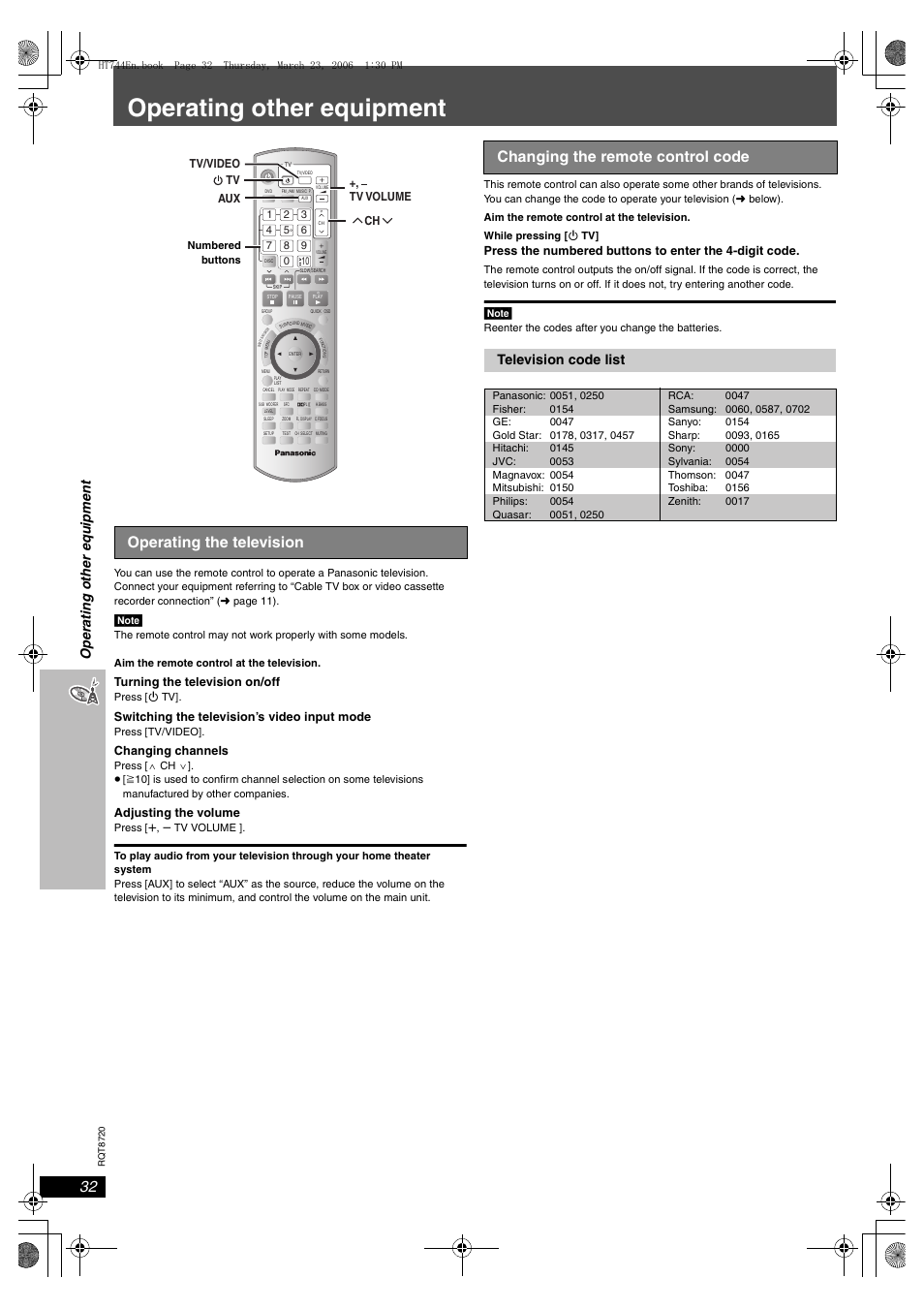 Operating other equipment, Operating the television, Changing the remote control code | Op erat ing o ther e quip m en t, Television code list, Turning the television on/off, Switching the television’s video input mode, Changing channels, Adjusting the volume, Tv/video +, tv volume tv aux ch | Panasonic SC-HT744 User Manual | Page 32 / 38