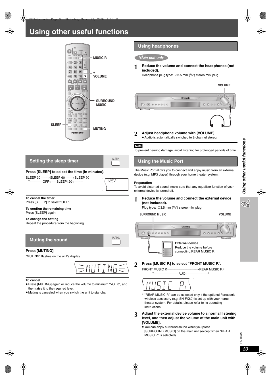 Using other useful functions, Setting the sleep timer muting the sound, Using headphones | Using the music port, Usin g oth e r us eful funct ions, Ain unit only, Press [sleep] to select the time (in minutes), Press [muting, Surround music sleep muting + volume music p, Adjust headphone volume with [volume | Panasonic SC-HT744 User Manual | Page 33 / 38