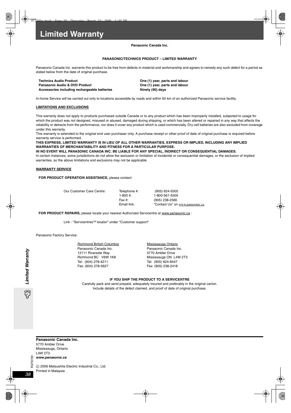 Limited warranty | Panasonic SC-HT744 User Manual | Page 38 / 38