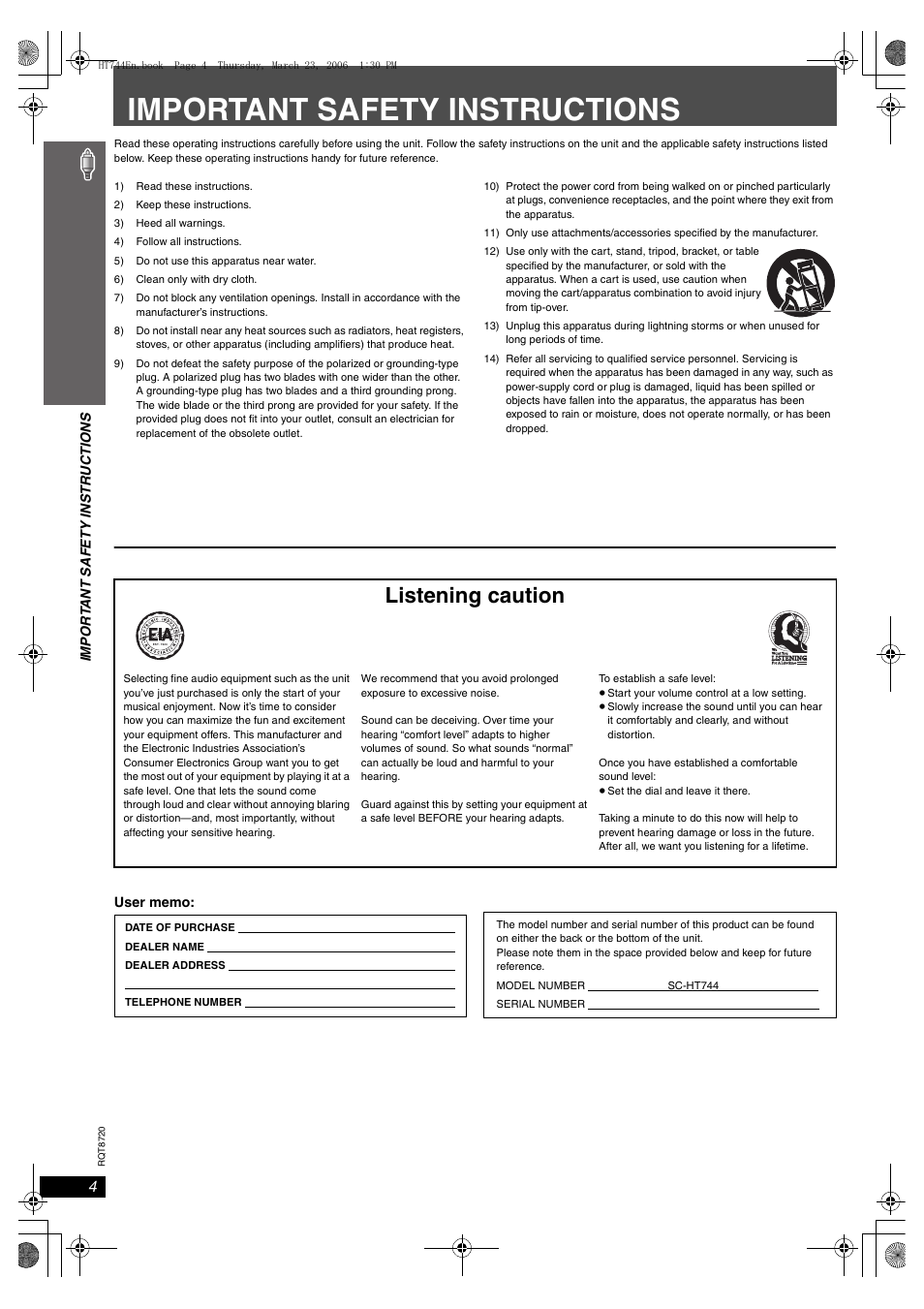 Getting started, Important safety instructions, Listening caution | Panasonic SC-HT744 User Manual | Page 4 / 38