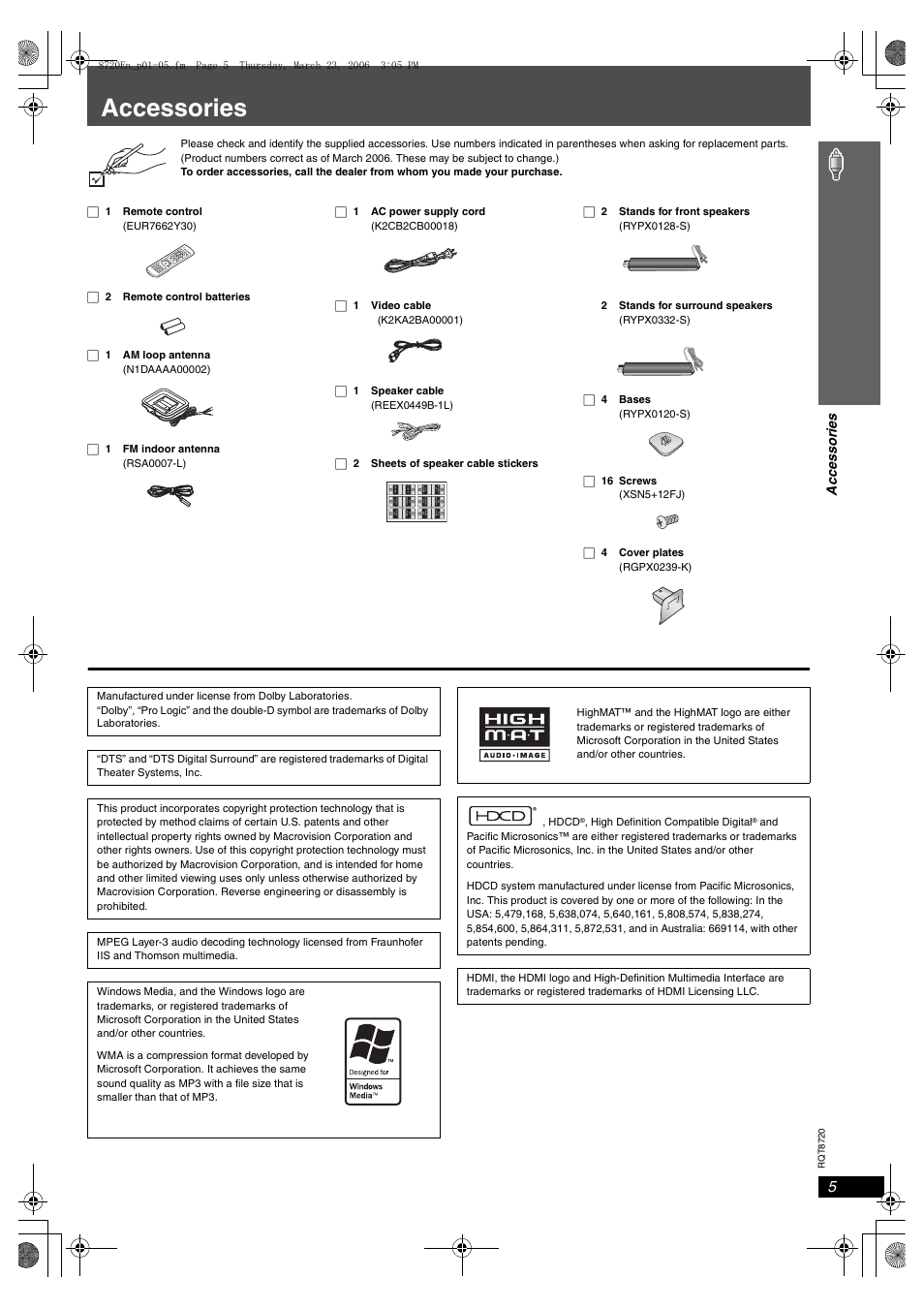Accessories, Ac ces sor ie s | Panasonic SC-HT744 User Manual | Page 5 / 38