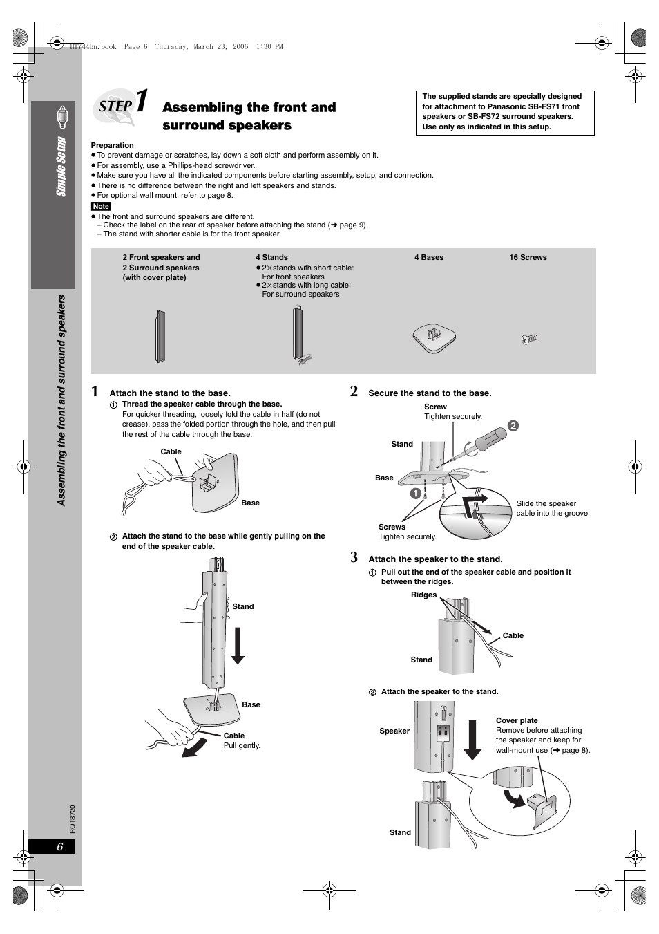 Step 1 assembling the front and surround speakers, Step, Assembling the front and surround speakers | Panasonic SC-HT744 User Manual | Page 6 / 38
