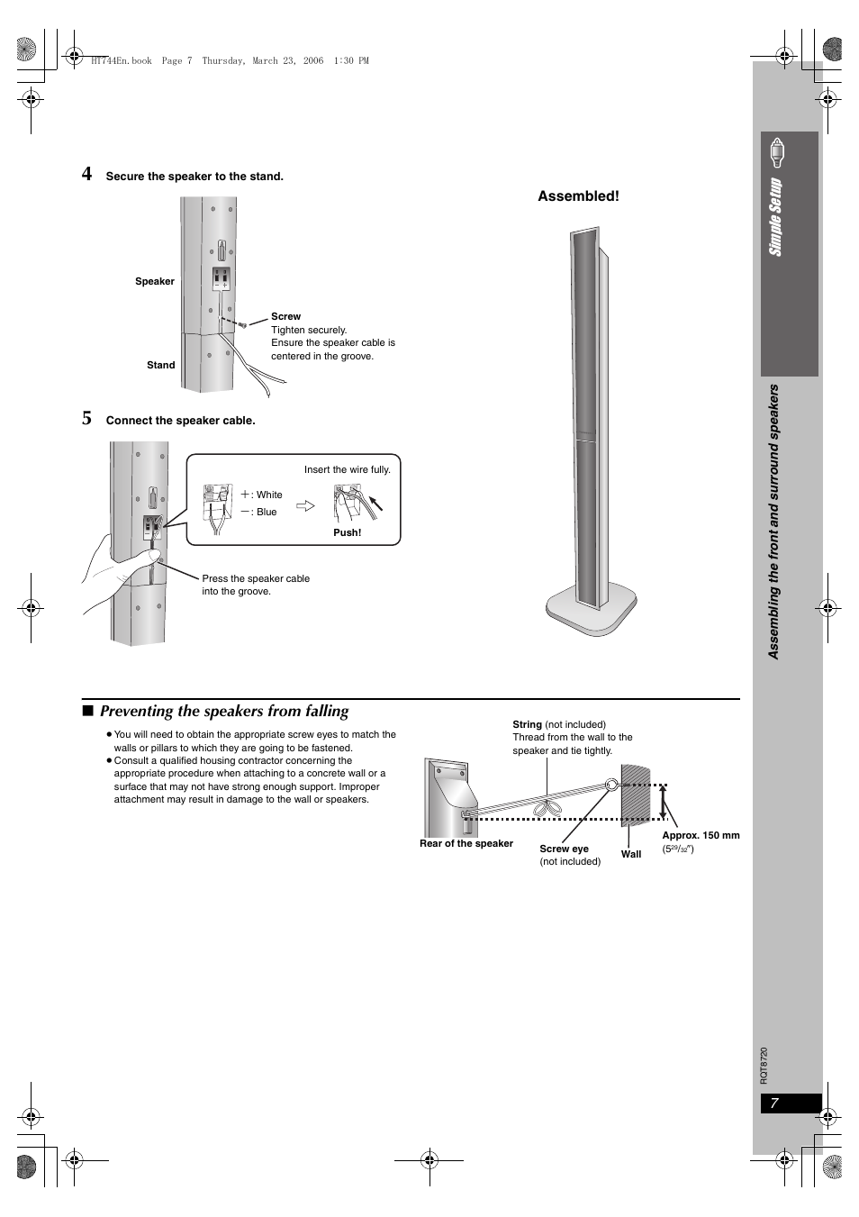 Preventing the speakers from falling | Panasonic SC-HT744 User Manual | Page 7 / 38