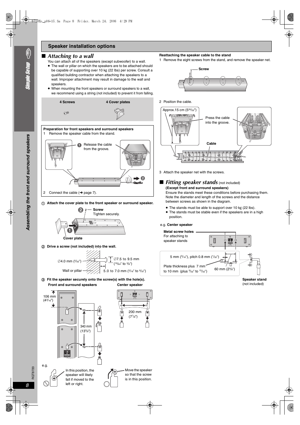 Attaching to a wall, Fitting speaker stands, 8simple se tu p | Speaker installation options | Panasonic SC-HT744 User Manual | Page 8 / 38