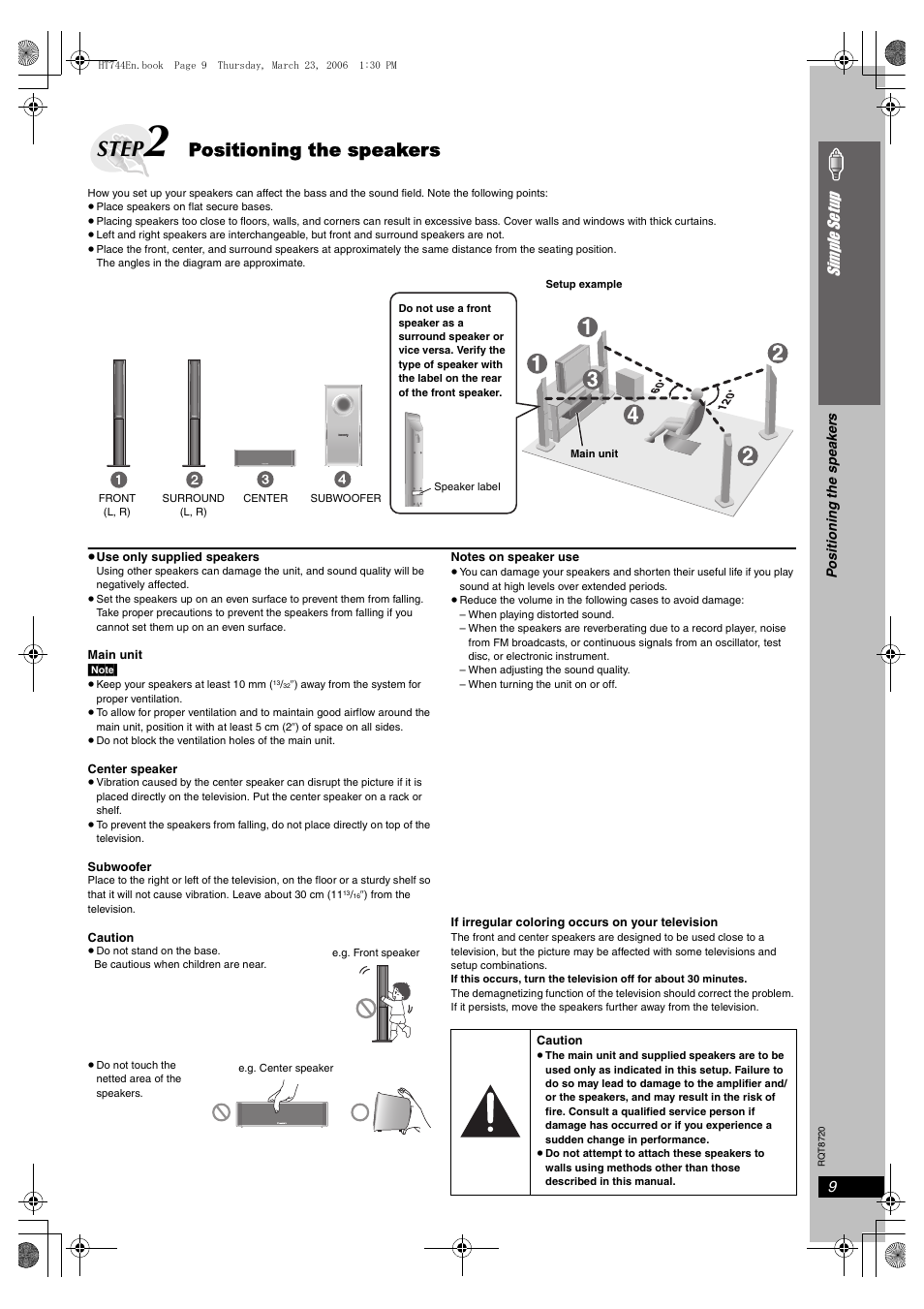 Step 2 positioning the speakers, Step, Positioning the speakers | 9simple se tu p | Panasonic SC-HT744 User Manual | Page 9 / 38