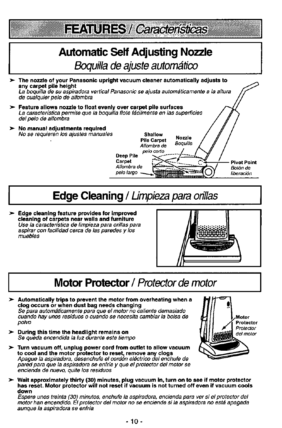 Automatic self adjusting nozzle, Camctbfêtiœs, Features | Boquilla de ajuste automático | Panasonic MC-V7368 User Manual | Page 10 / 28