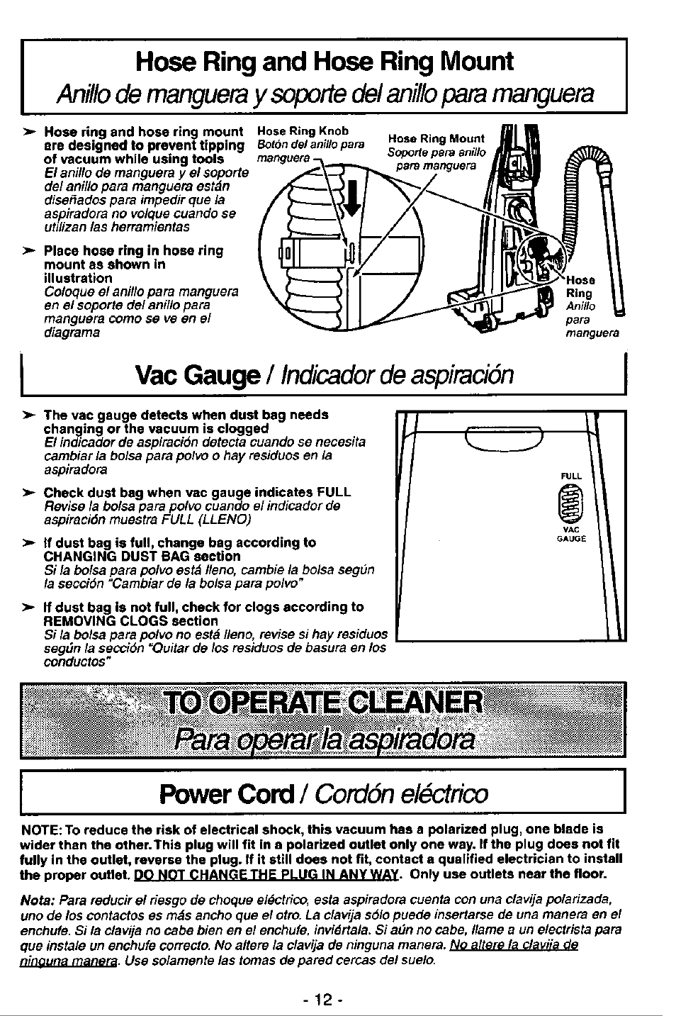 Hose ring and hose ring mount, Para operarla азщщшт, Ло operate gliéaner | Vac gauge, Power cord, Indicador de aspiración, Cordón eléctrico | Panasonic MC-V7368 User Manual | Page 12 / 28