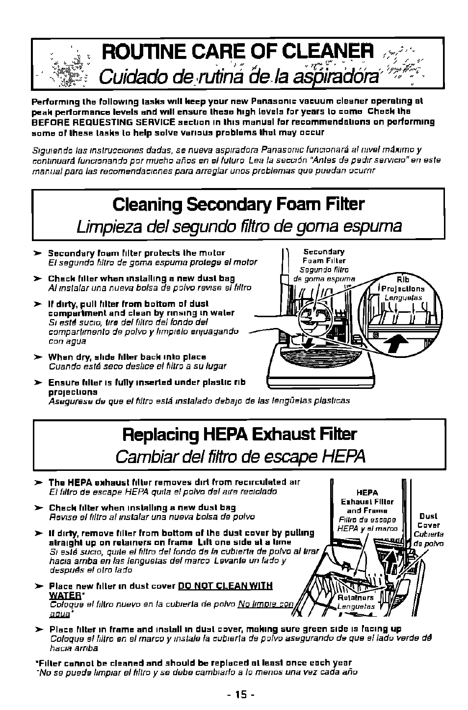 Cleaning secondary foam filer, Replacing hepa exhaust hiter, Rouune care of cleaner | Cuidado de rutinà de là aspiradora, Limpieza del segundo fíltro de goma espuma, Cambiar del filtro de escape hepa | Panasonic MC-V7368 User Manual | Page 15 / 28