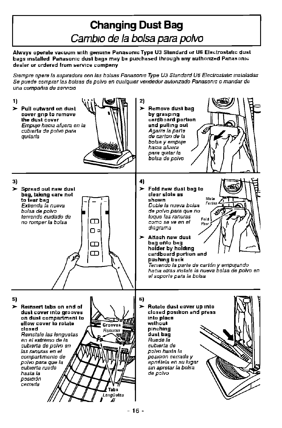 Changing dust bag, Cambio de la bolsa para ро1ю | Panasonic MC-V7368 User Manual | Page 16 / 28