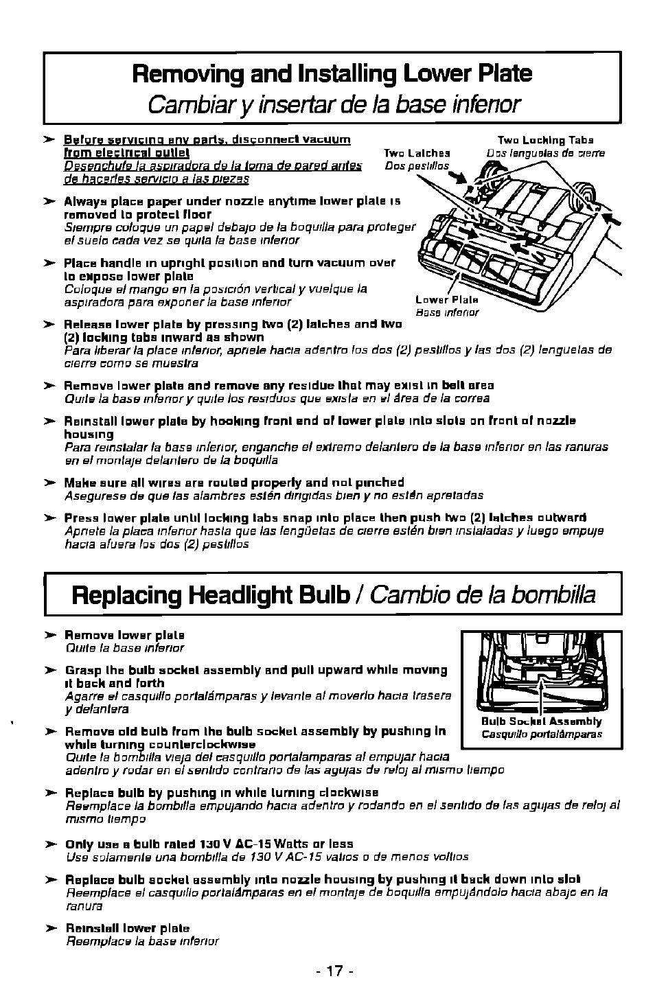 Removing and installing lower plate, Replacing headlight bulb / cambio de la bombilla, Replacing headlight bulb | Cambiar y insertar de la base inferior, Cambio de la bombilla | Panasonic MC-V7368 User Manual | Page 17 / 28
