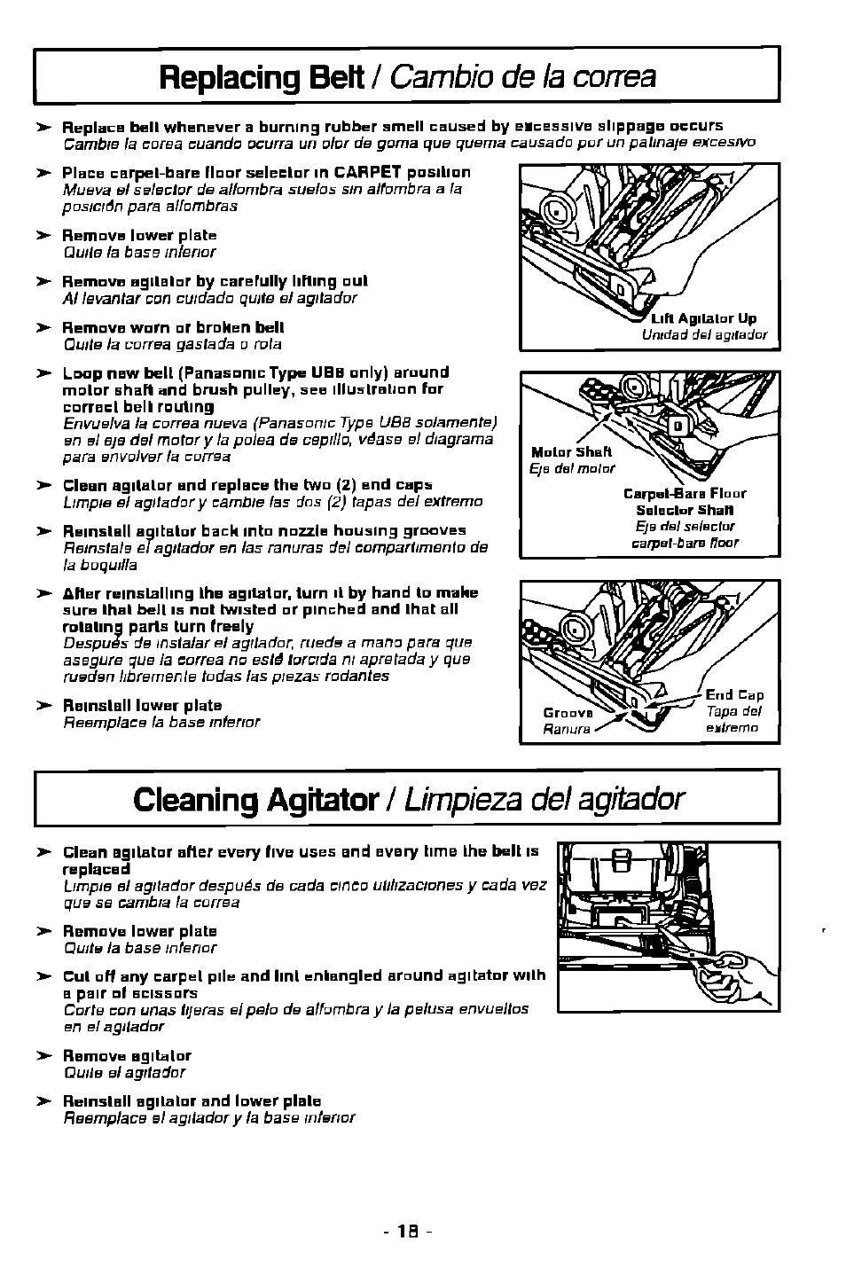 Replacing belt, Cleaning agitator, Cambio de la correa | Limpieza del agitador | Panasonic MC-V7368 User Manual | Page 18 / 28