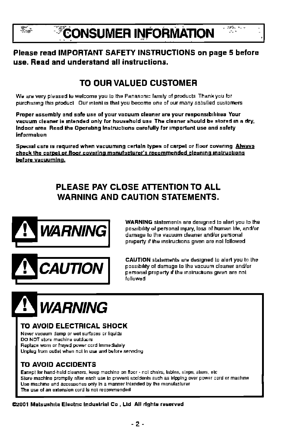 To our valued customer, Warning, Caution | Consumer information | Panasonic MC-V7368 User Manual | Page 2 / 28
