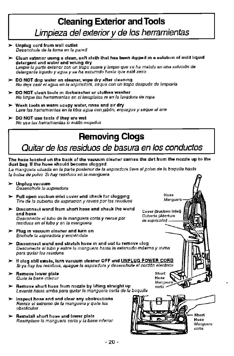 Cleaning exterior and tools, Removing clogs, Limpieza del exterior у de ios herramientas | Quitar de los residuos de basura en los conductos | Panasonic MC-V7368 User Manual | Page 20 / 28