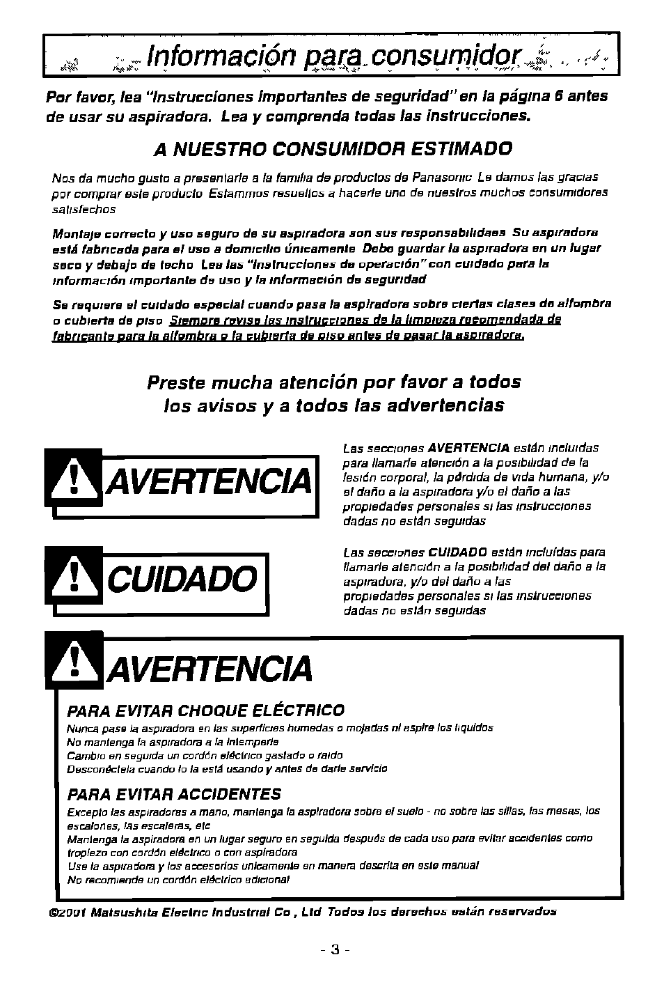 Avertencia, Cuidado, Información paraconsumidorj | Panasonic MC-V7368 User Manual | Page 3 / 28