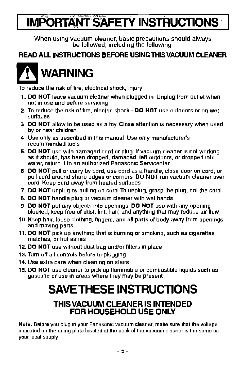 Important safety instructions, Save these instructions, Warning | Panasonic MC-V7368 User Manual | Page 5 / 28