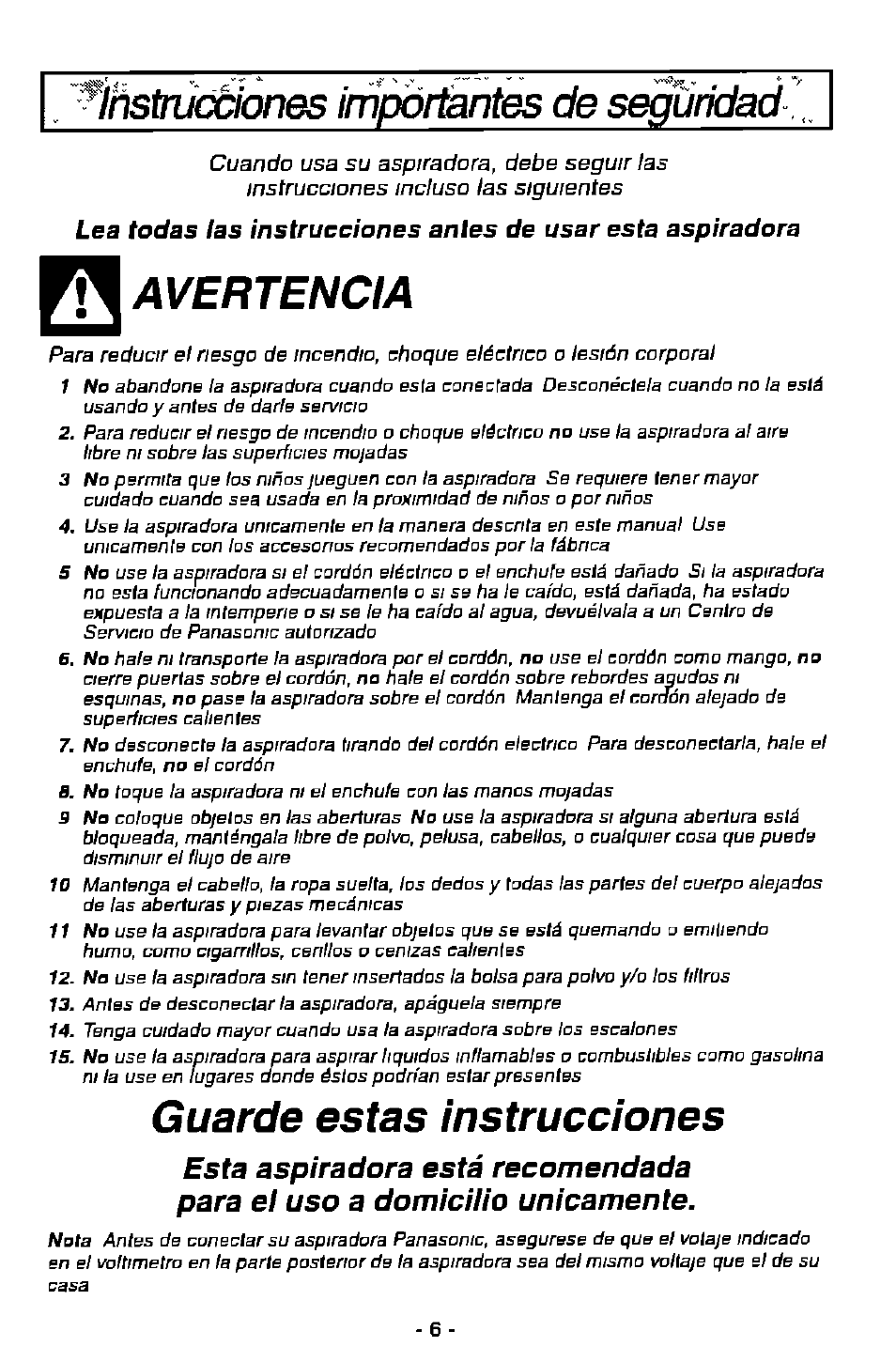 Avertencia, Guarde estas instrucciones, Fhstnjkxhnes impórfántes de s^urídad | Panasonic MC-V7368 User Manual | Page 6 / 28