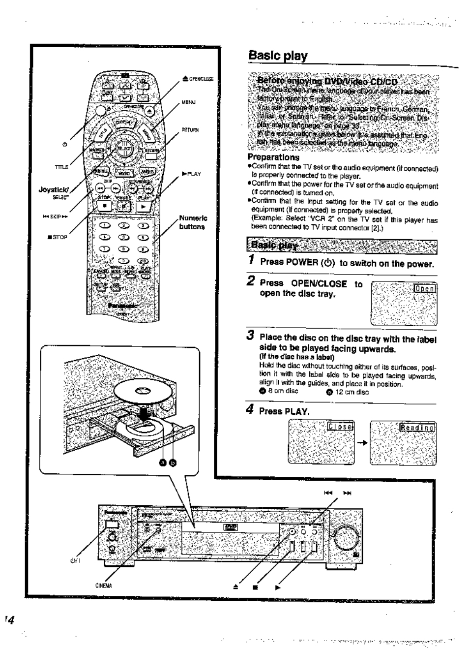 Basic play, Preparations, 1 praas power (6) to switch on the power | 2 press open/close to open the disc trayr | Panasonic DVD-A360A User Manual | Page 14 / 47