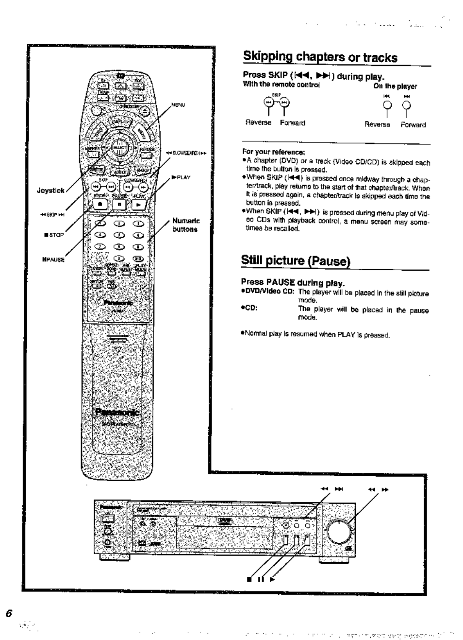 Skipping chapters or tracks, Press skip(h4^, ►>!) during play, Sliil picture (pause) | Pr6ss pause during play, Skipping cliapters or tracks, Still picture (pause) | Panasonic DVD-A360A User Manual | Page 16 / 47