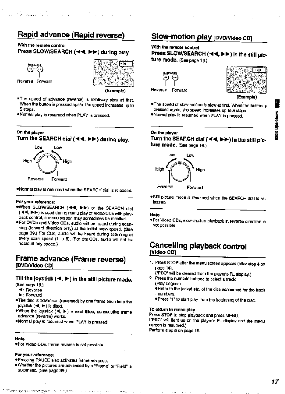 Rapid advance (rapid reverse), During play, Turn the search diet ►►) during play | Frame advance (frame reverse), Dvcwicleo cd, Tilt the joystick in the atlii picture mode, Slow-motion play [dvd/vi<leocd, Cancelling playback control, Jvldeo cdl, Slow-motion play | Panasonic DVD-A360A User Manual | Page 17 / 47