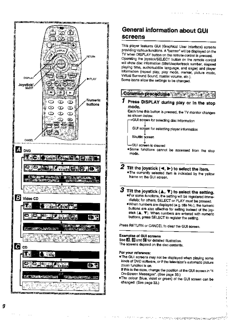 General information about gui screens, 1 preg$ di&play during pjay t>r in the stop mode, 2 tilt the |oystiqk(^,^-) to aeltct the item | Examples of gui screens, For your referortoet | Panasonic DVD-A360A User Manual | Page 18 / 47