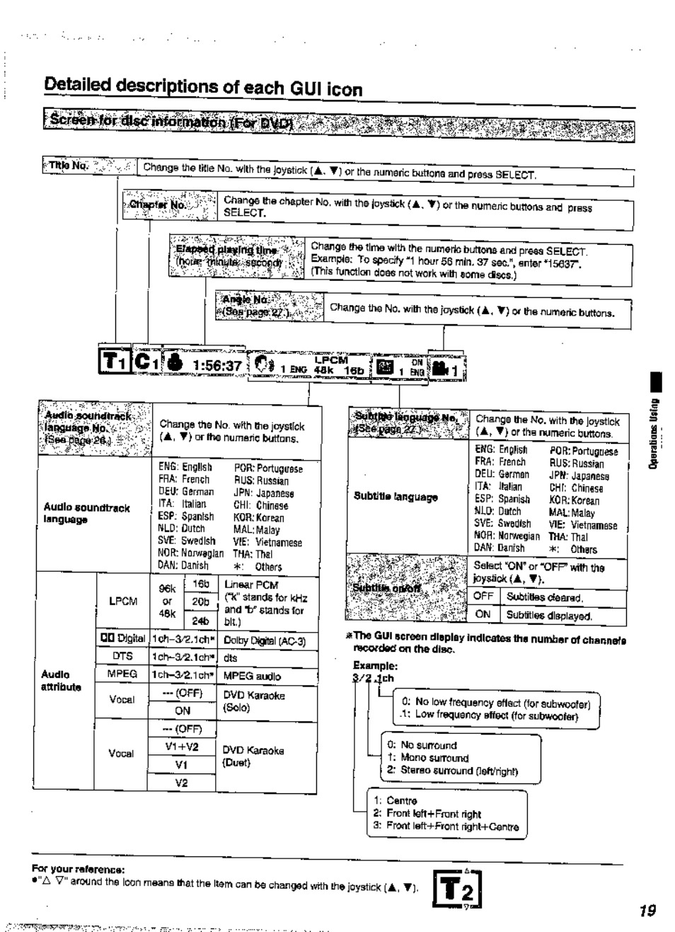 Detailed descriptions of each gui icon, E)etalled descriptions of each gui icon | Panasonic DVD-A360A User Manual | Page 19 / 47