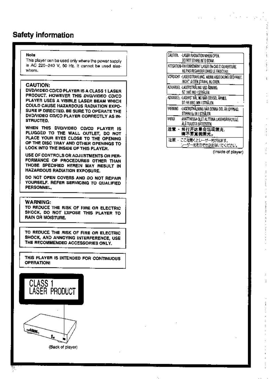 Safety information, Caution, Warning | Panasonic DVD-A360A User Manual | Page 2 / 47