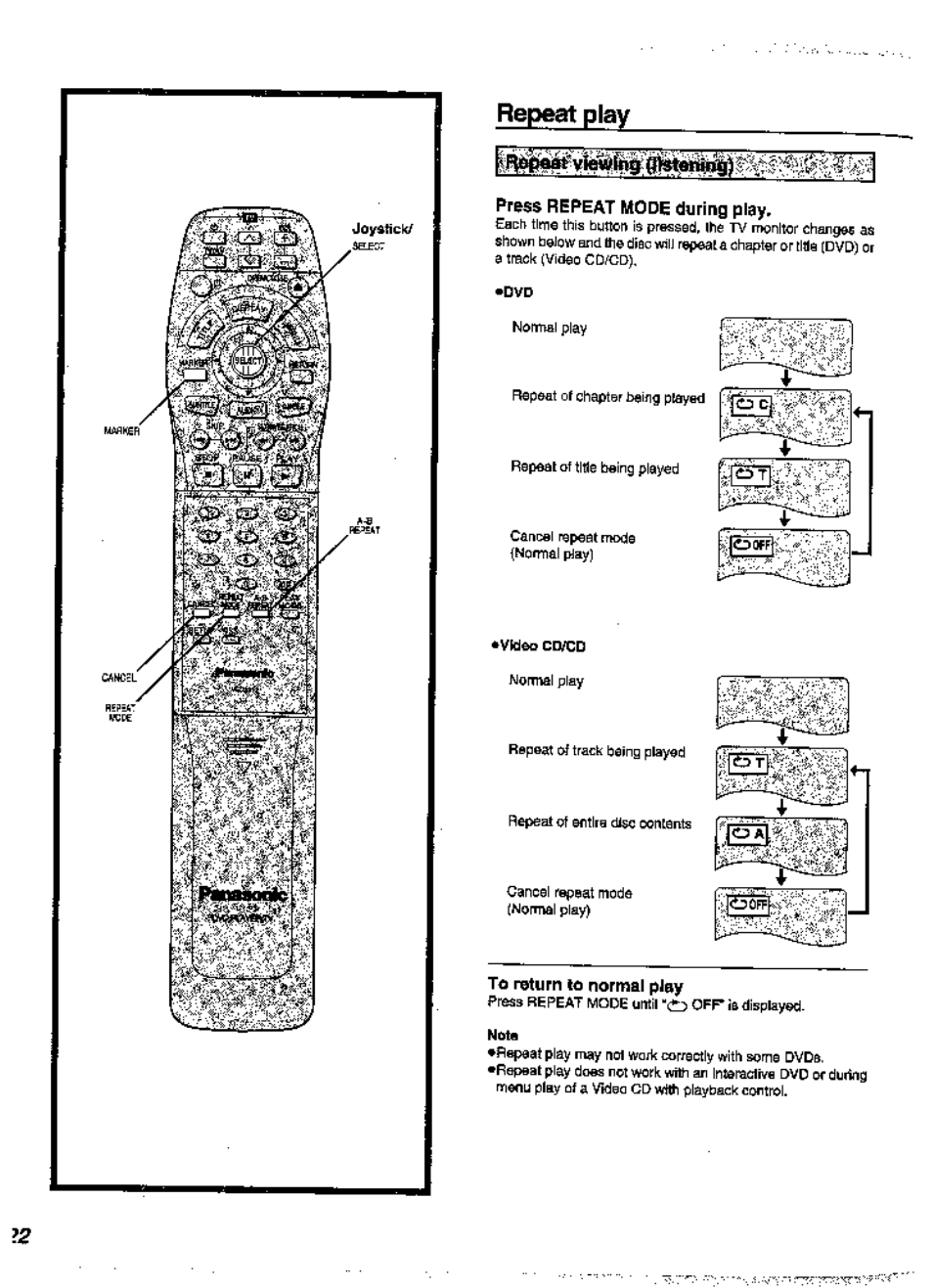 Repeat play, Fress repeat mode during play, Td i^urn id normal pjay | Note, Repsat play | Panasonic DVD-A360A User Manual | Page 22 / 47