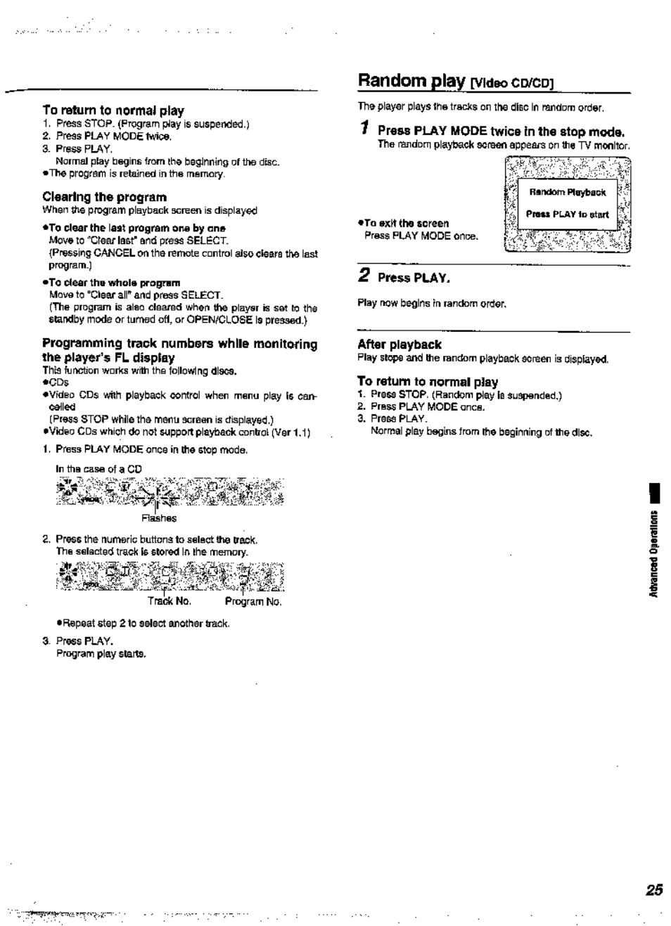 Clearing the program, 1 press play mode twice in the stop inode, To exft the screen | After playback, To return to normal play, Oa-y, Random play | Panasonic DVD-A360A User Manual | Page 25 / 47