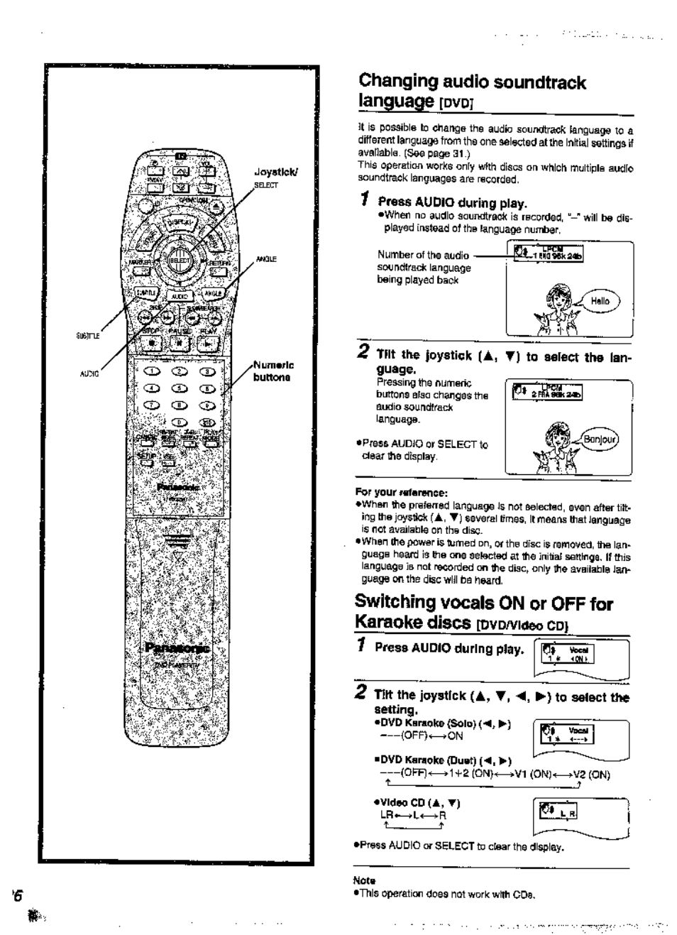 Changing audio soundtrack ianguage [dvd, 1 press audio during play, 2 tmt the joystick (a, t) to ssfea the language | 7 press audio during play, 2 tilt the joystick (a, t, m, ►) to select ti>e, Setting, Changing audio soundtrack ianguage, Switching vocals on or off for karaoke discs | Panasonic DVD-A360A User Manual | Page 26 / 47