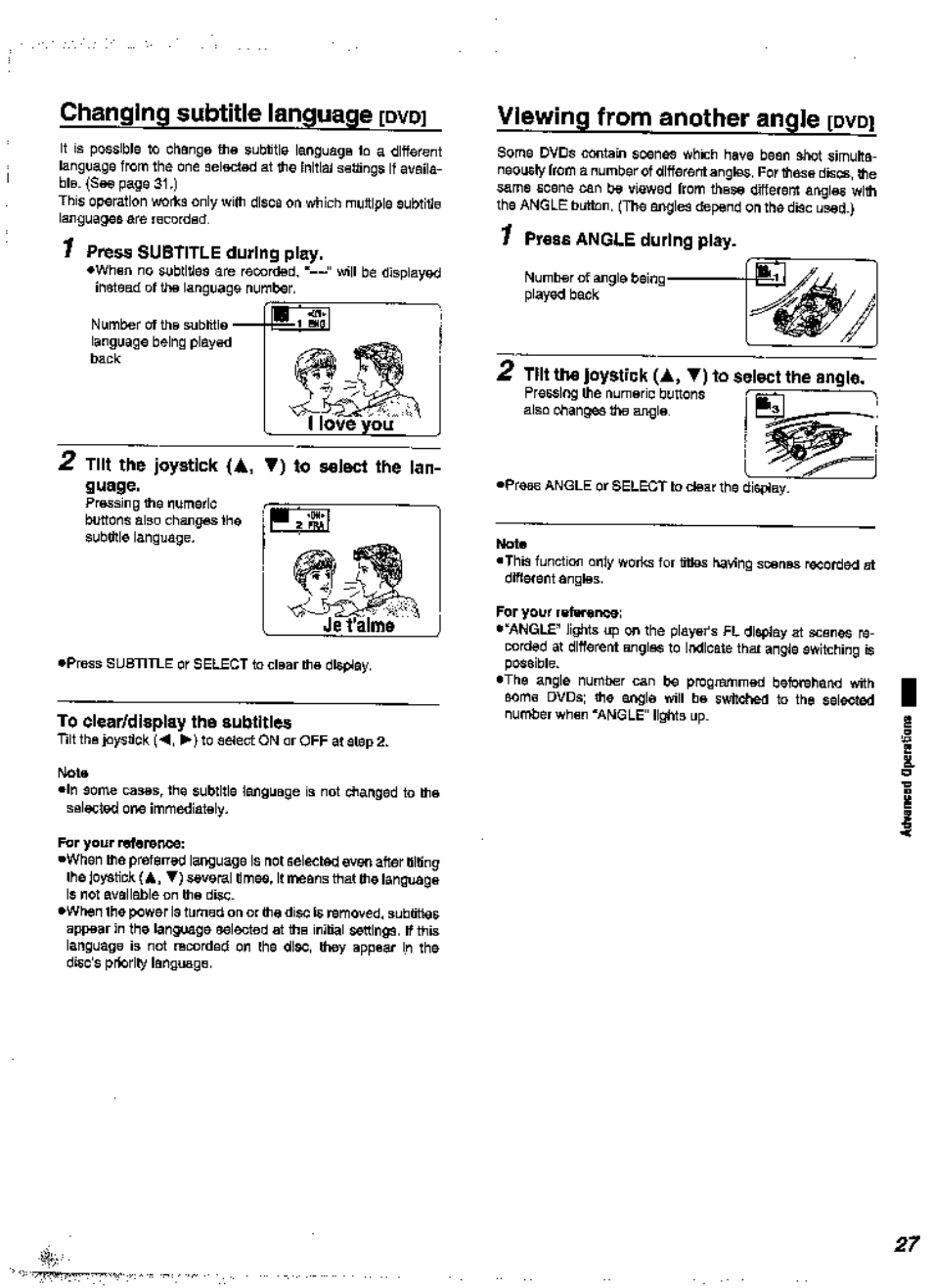 1 press subtitle during play, 2 tilt the joystick {a, ▼) to ssject the language, To olear/dlsplay tho subtitles | 1 press angle during play, 2 tnt the joystick {at t) to select the angle, Changing subtitle language, Viewing from another angle | Panasonic DVD-A360A User Manual | Page 27 / 47