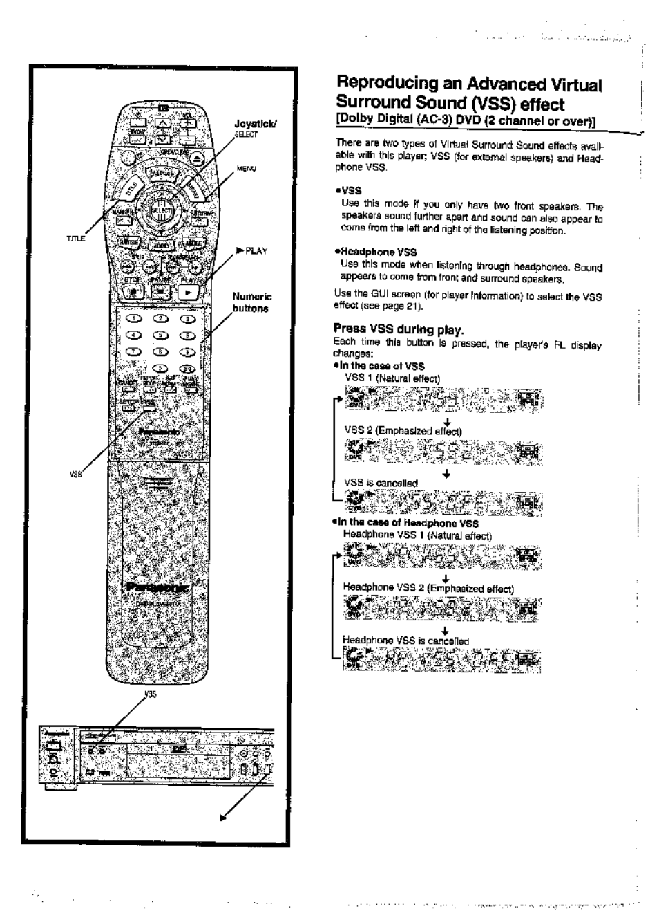 Dolby digital (ac-3) dvd channel or over), Press vss during play | Panasonic DVD-A360A User Manual | Page 28 / 47