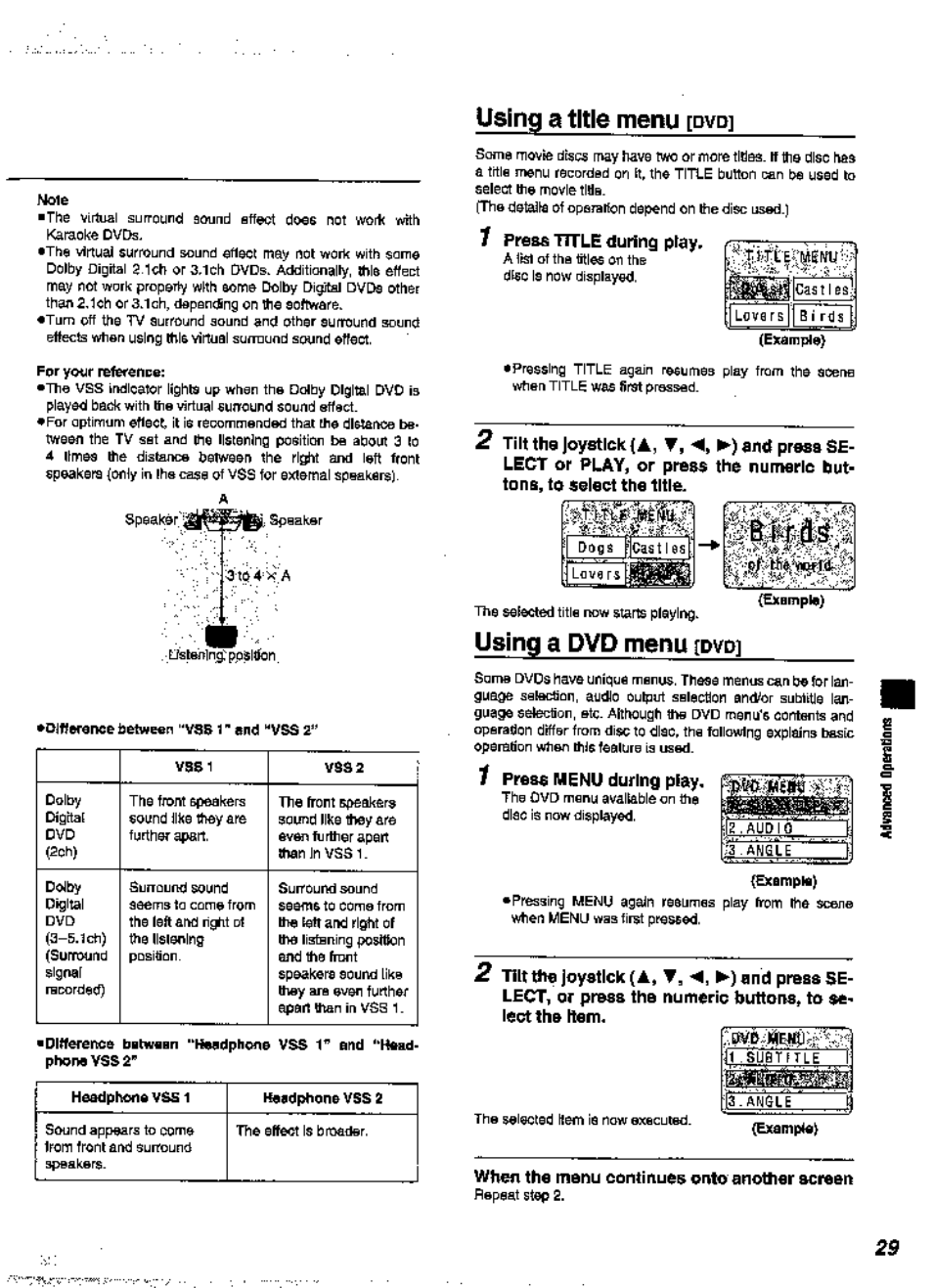 Mole, For your reference, 1 press tttle during pray | 1 press menu during peay, Example), When the menu continues onto another screen, Using a title menu, Using a dvd menu | Panasonic DVD-A360A User Manual | Page 29 / 47