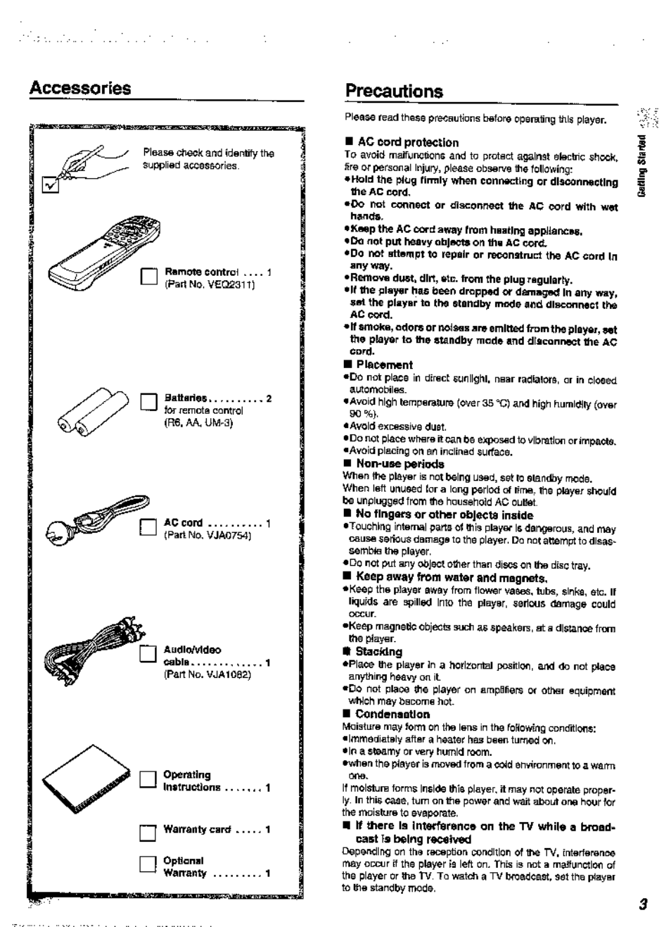 Ac ^rd protection, Pteoement, Non-use periods | No fingers or other oblecte inside, Keep awsy from water and magnets, V stacking, Accessories precautions | Panasonic DVD-A360A User Manual | Page 3 / 47