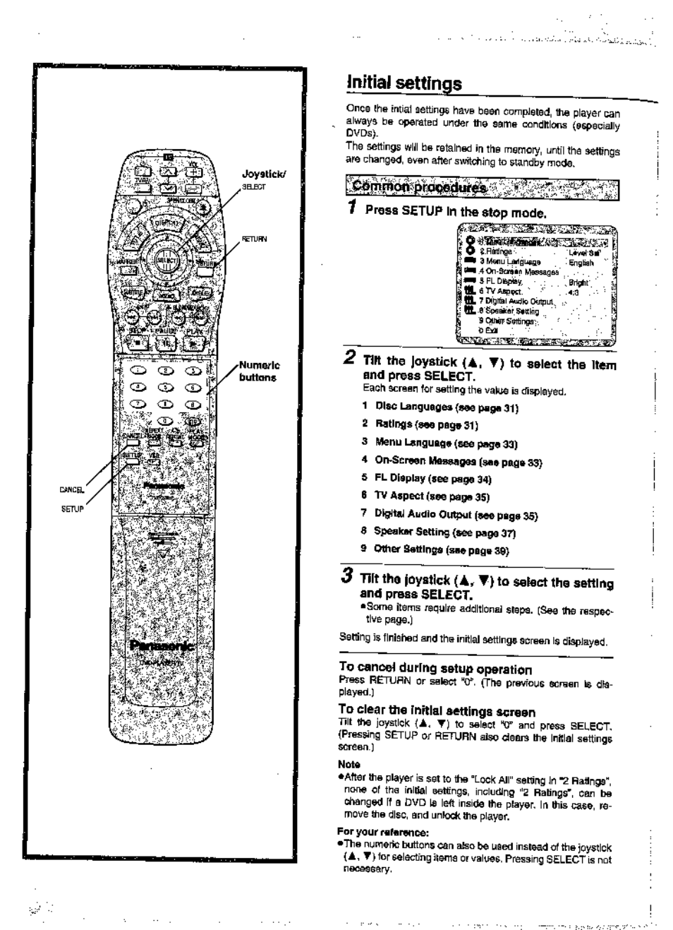 Initial settings, Press setup in the stop mode, End press select | To сапоы during setup operation, To dear the initial settings screen | Panasonic DVD-A360A User Manual | Page 30 / 47