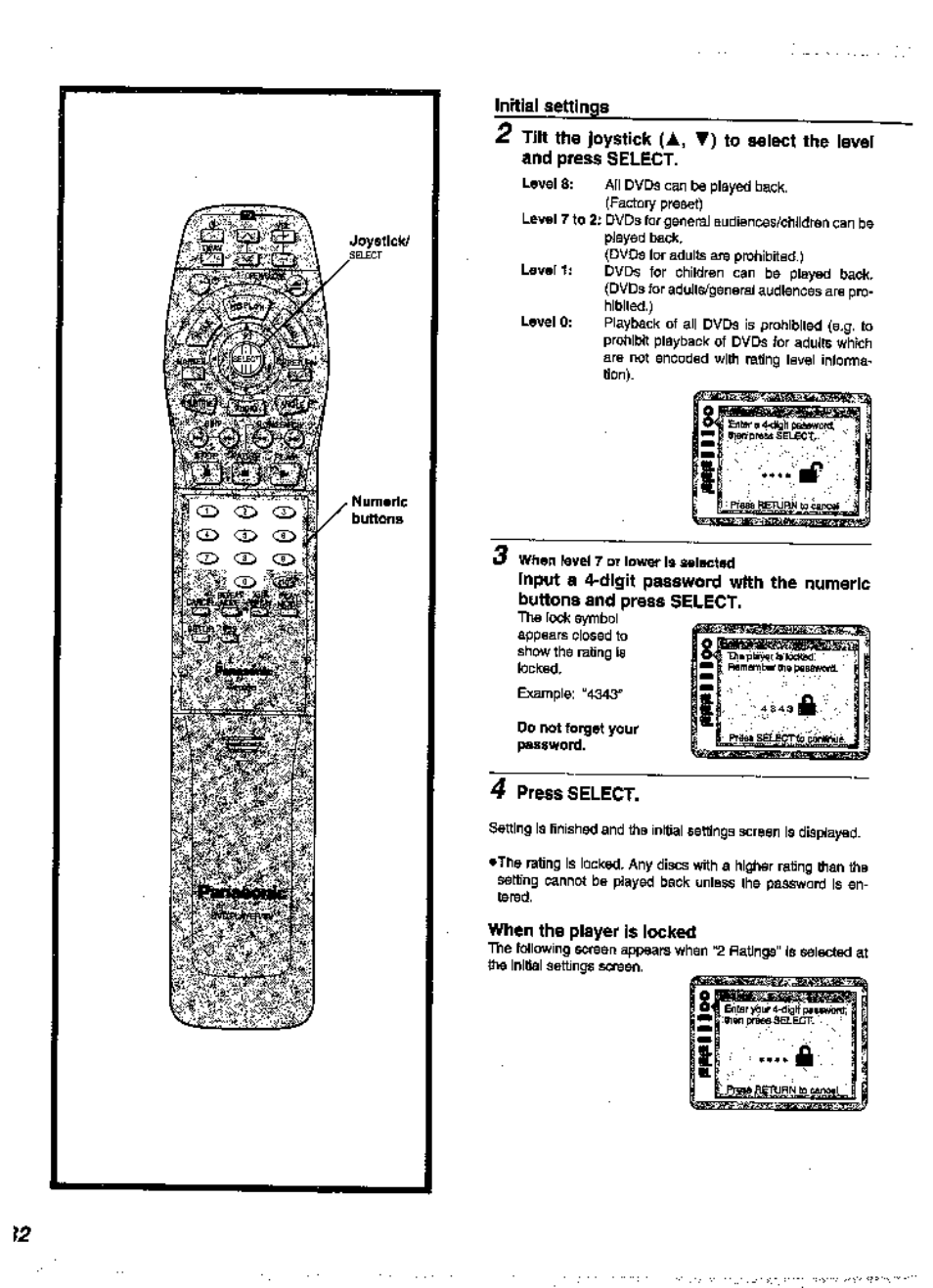 Numeric, Lever 1, Level û | 3 when level 7 sr lower is selected, 4 press select, Wtien the player is iocked | Panasonic DVD-A360A User Manual | Page 32 / 47