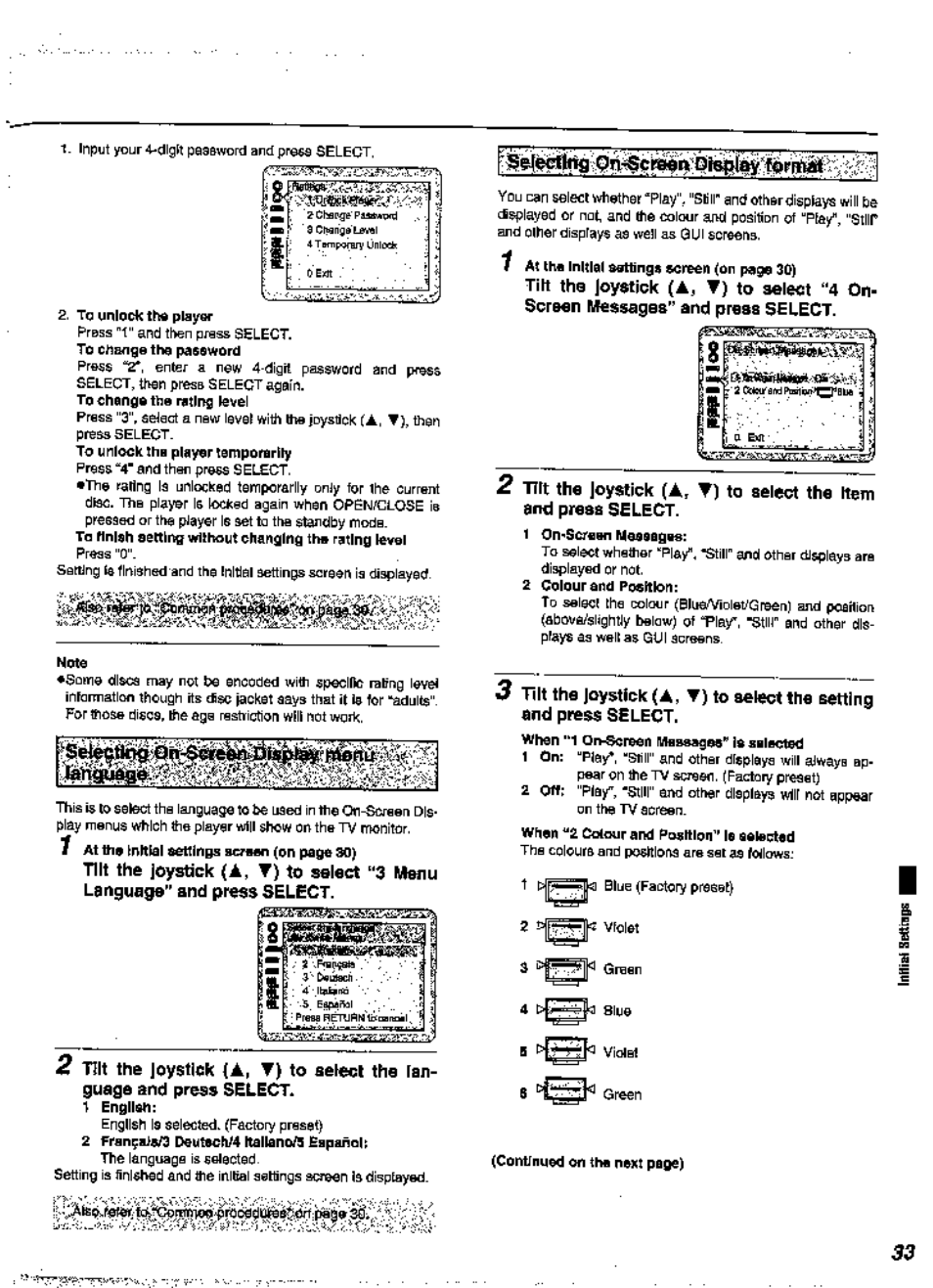 2 fren;a>«/3 deutach/4 ttallano/s eapaneh, 1 on-scrflen mesaagee, A. t) | Tilt the joystick {a, Ttit the loystick, 3tilt the joystick | Panasonic DVD-A360A User Manual | Page 33 / 47