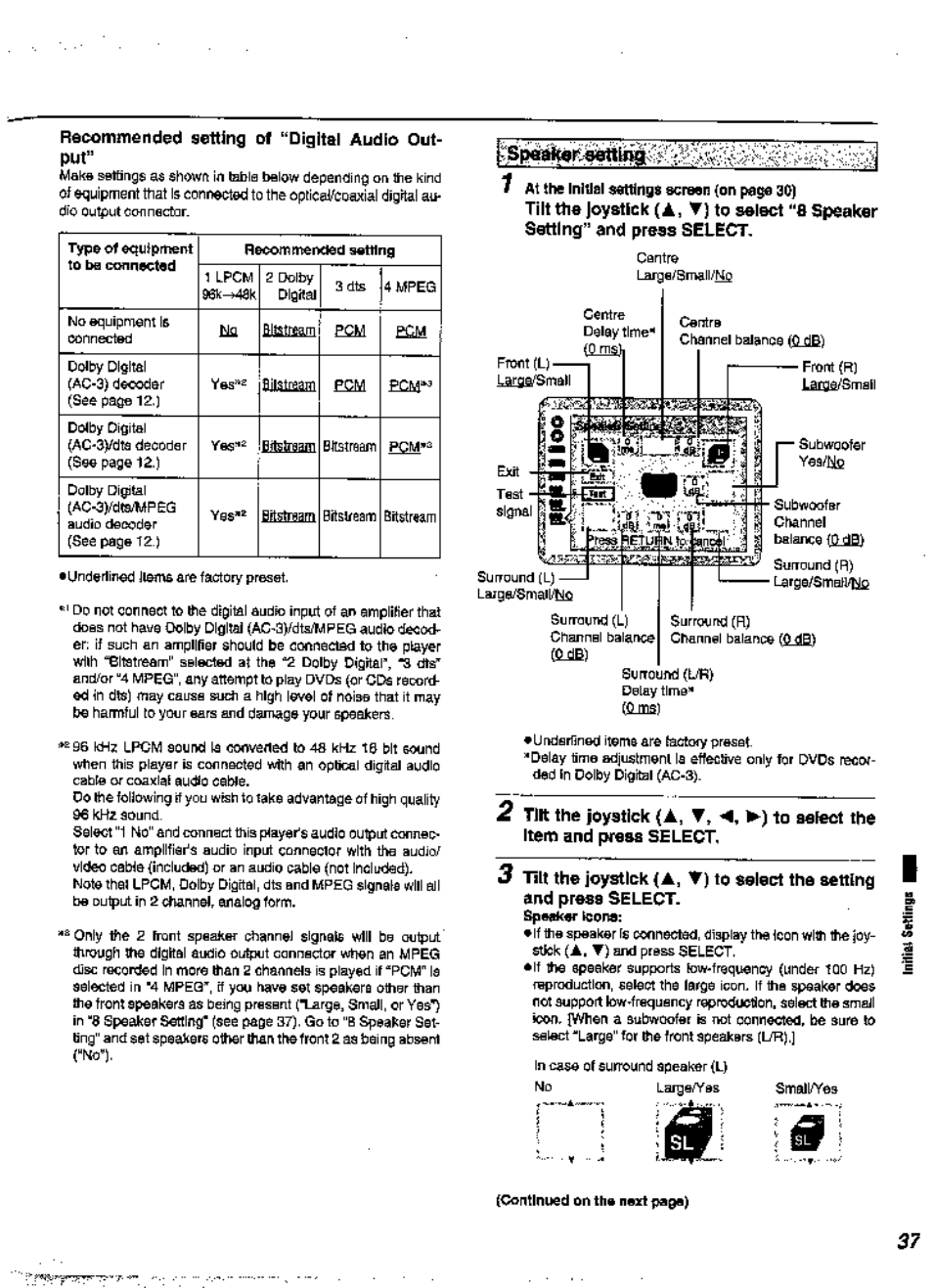 Rdcommended setting ol “digital audio output | Panasonic DVD-A360A User Manual | Page 37 / 47