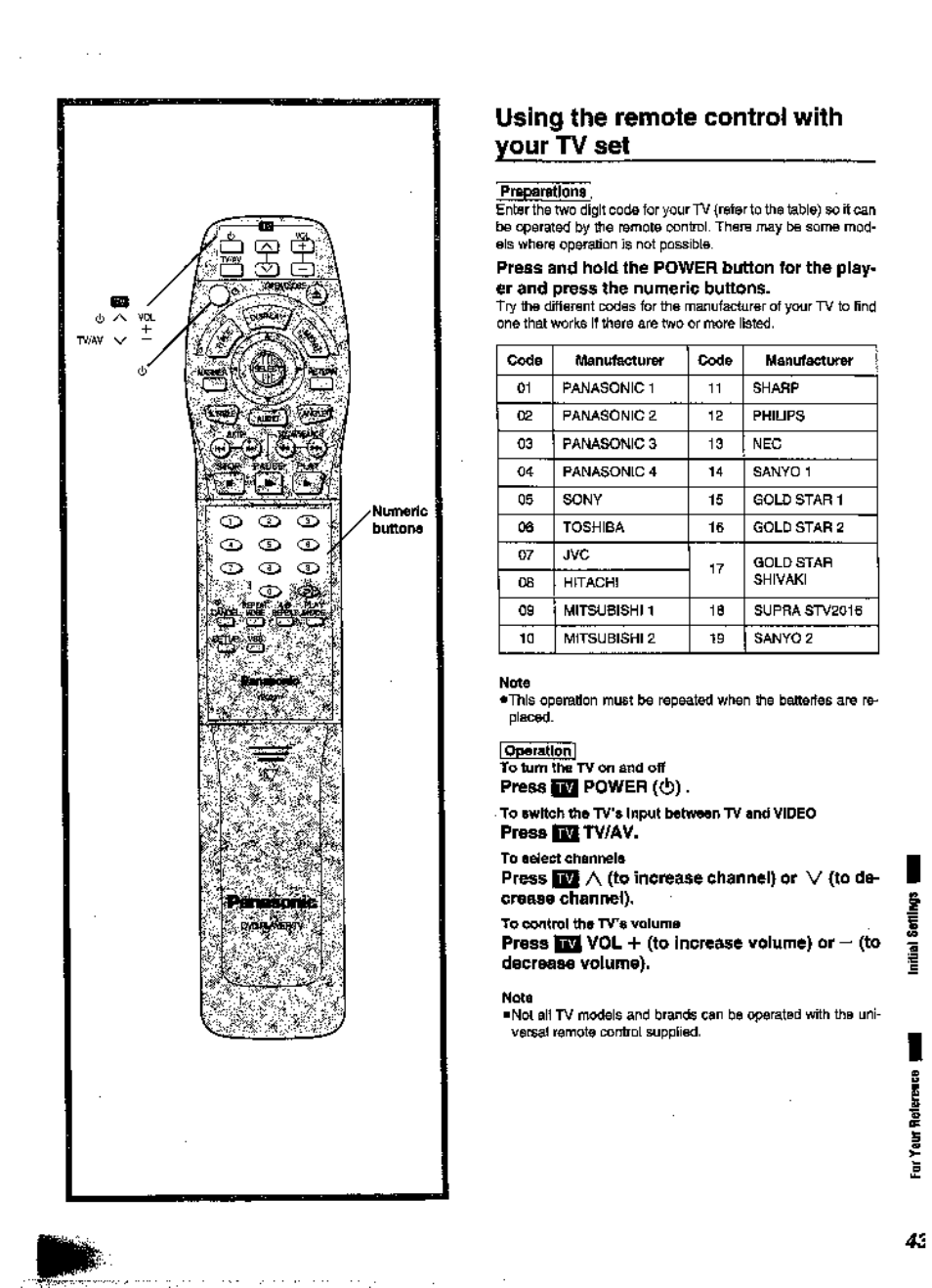 Using the remote control with your tv set, Press iqtv/av, To ае^оел channele | Щрщ^т | Panasonic DVD-A360A User Manual | Page 43 / 47