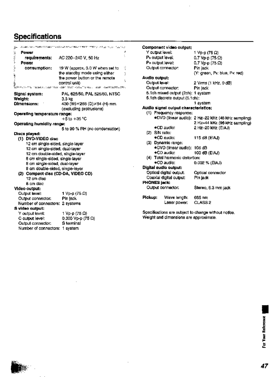 Specifications | Panasonic DVD-A360A User Manual | Page 47 / 47