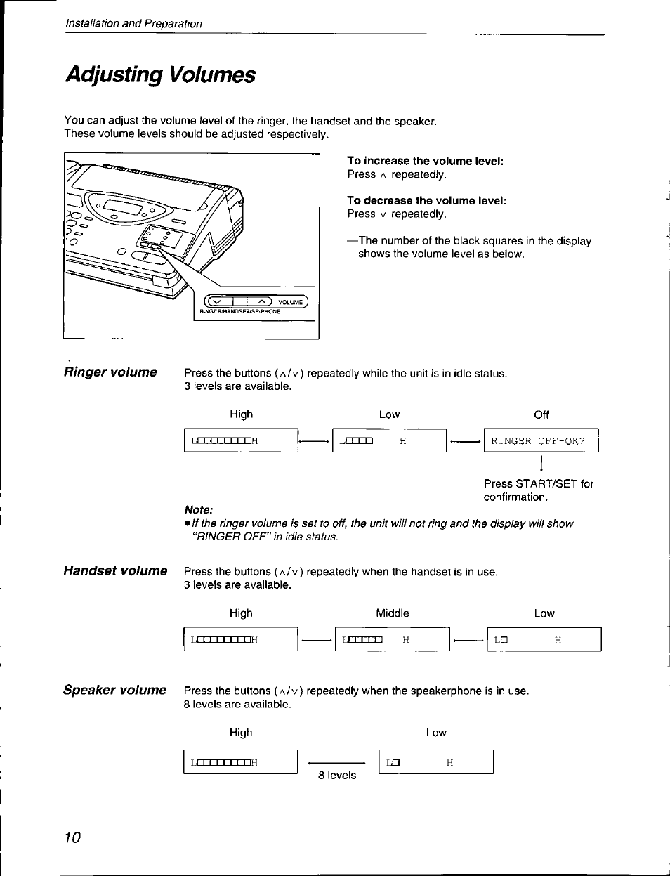 To increase the volume level, To decrease the volume level, Adjusting volumes | Panasonic KX-F590 User Manual | Page 10 / 68