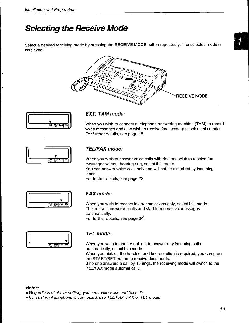 Selecting the receive mode | Panasonic KX-F590 User Manual | Page 11 / 68